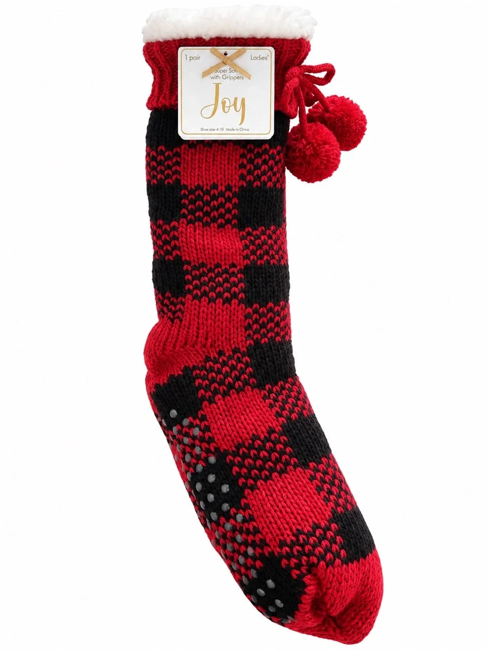 Joy Women’s Cozy Buffalo Plaid Slipper Socks - Red & Black Size 4-10
